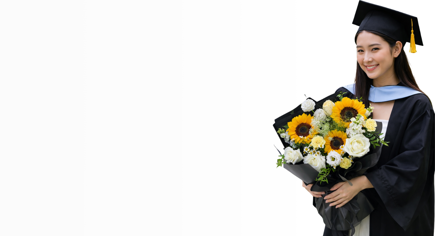 Graduate holding a bouquet of sunflowers on a white background