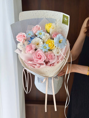 Premium soap flower bouquet with elegant pastel roses and luxury wrapping, reusable floral gift for anniversary, birthday, Mother’s Day, or just because.