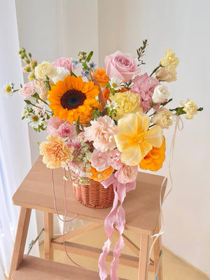 Bright sunflower and yellow tulip flower basket for house warming and grand opening celebration, same day flower delivery in Subang Jaya and Kuala Lumpur.