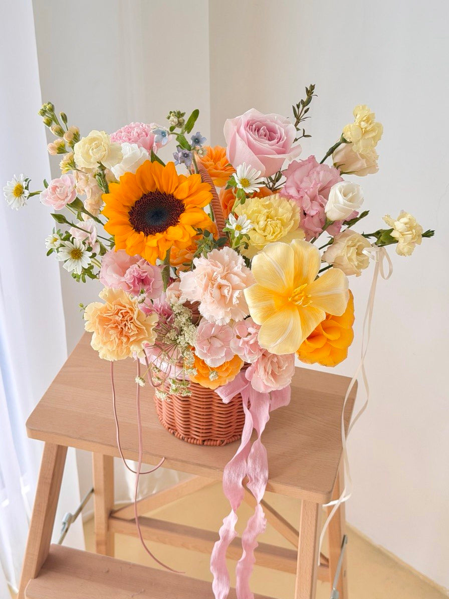 Bright sunflower and yellow tulip flower basket for house warming and grand opening celebration, same day flower delivery in Subang Jaya and Kuala Lumpur.