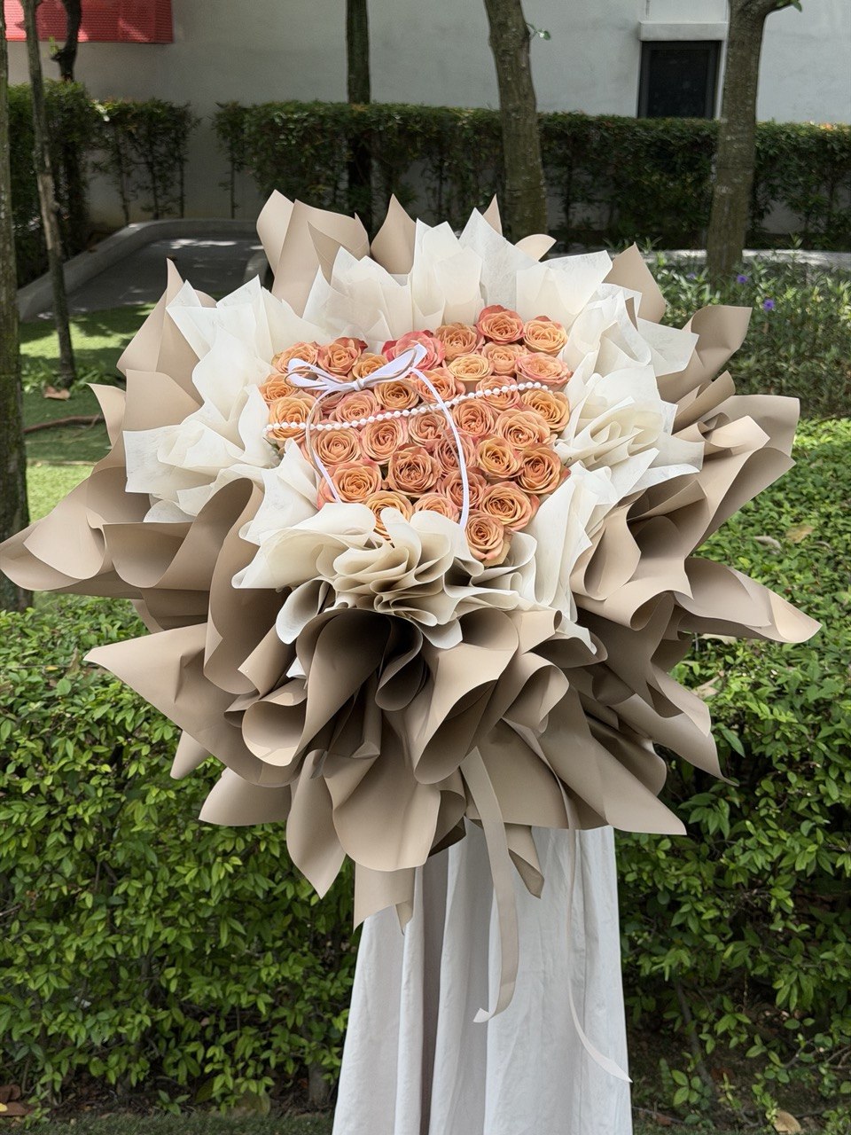 Proposal flower with 33 cappuccino fresh rose prepare by Hug and Heart Florist Subang Jaya.