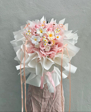 Luxury pink soap flower bouquet wrapped in elegant ballet-style paper, long-lasting flower gift for proposals, birthdays, anniversaries, and car boot surprises in Kuala Lumpur and Selangor.