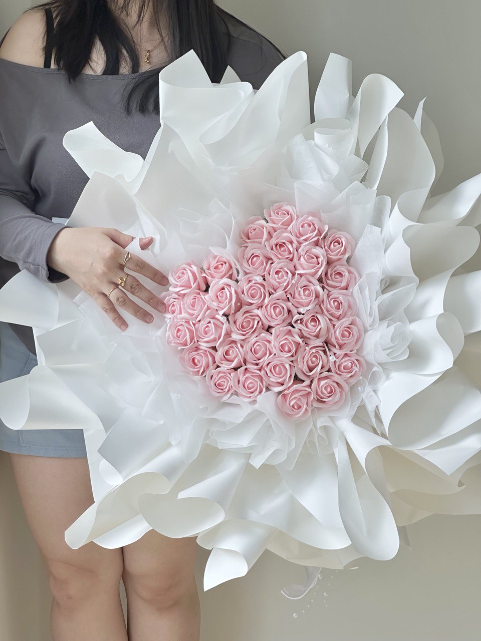 A bouquet of 33 love shape soap flower roses with same-day delivery at Kuala Lumpur and Selangor.