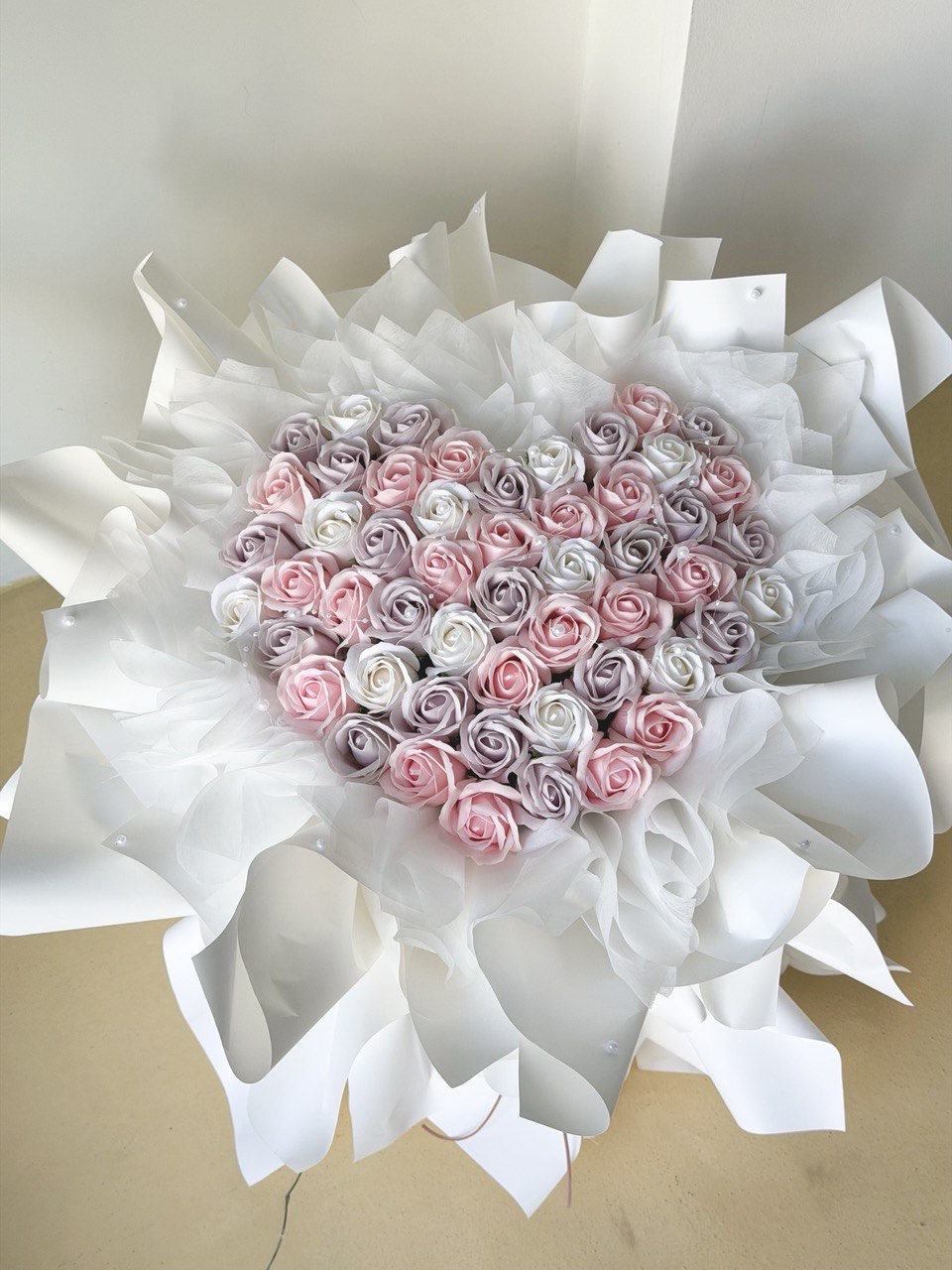 52 rose soap flower heart-shaped arrangement of pink, white and yam soap rose flowers with white ballet wrapper perfect for proposal flower at Kuala Lumpur.
