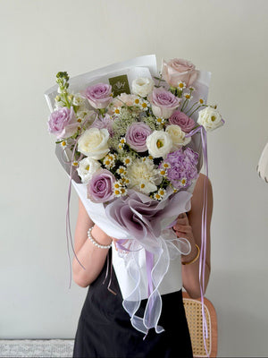 Romantic lilac rose and white bloom bouquet in pastel wrapping, Kuala Lumpur florist birthday and anniversary flowers.