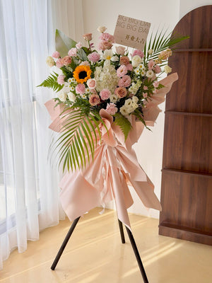 Premium grand opening congratulation flower stand with fresh roses, carnations, hydrangea and sunflower. Generous-sized floral arrangement for shop opening, office launch and business grand opening with same day delivery across Kuala Lumpur and Selangor.