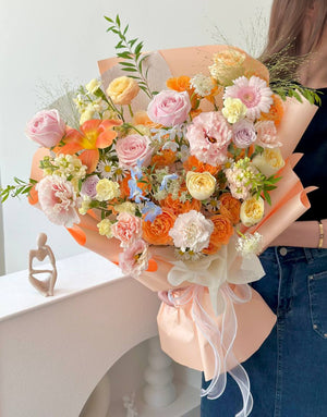 Luxury pastel and orange flower bouquet with roses – Malaysia florist delivery.