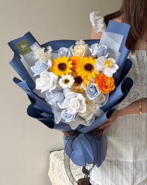 Premium sunflower soap flower graduation bouquet in navy blue wrap, perfect convocation gift with same-day delivery to Sunway University and Taylor's University.