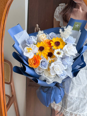 Graduation sunflower soap flower bouquet with roses and orchid detail, fast same-day delivery for university students in Kuala Lumpur and Selangor.