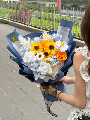 Bright sunflower soap flower bouquet for graduation, elegant blue wrapping, same-day delivery to Taylor's University and throughout Selangor.