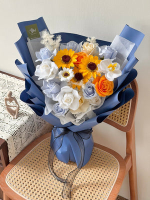 Sunflower soap flower graduation bouquet with blue and white roses, same-day delivery to Sunway University and universities across Kuala Lumpur.
