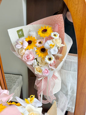 Premium sunflower soap flower graduation bouquet in soft pink wrapper, perfect convocation gift with same-day delivery to Sunway University and Taylor's University.