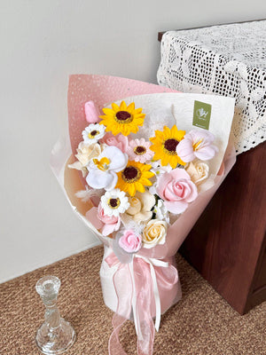 Bright sunflower soap flower bouquet for graduation, elegant blue wrapping, same-day delivery to Taylor's University and throughout Selangor.