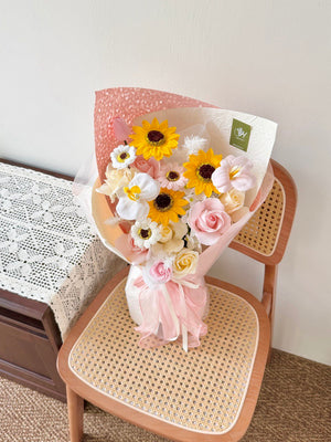 A bouquet of soap flower with sunflower, roses, tulip, gerbera and orchid soap flower perfect for graduation across university at Kuala Lumpur and Selangor.