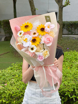 Elegant sunflower and rose soap flower bouquet for graduation ceremony, same-day flower delivery service across Kuala Lumpur and Selangor universities.