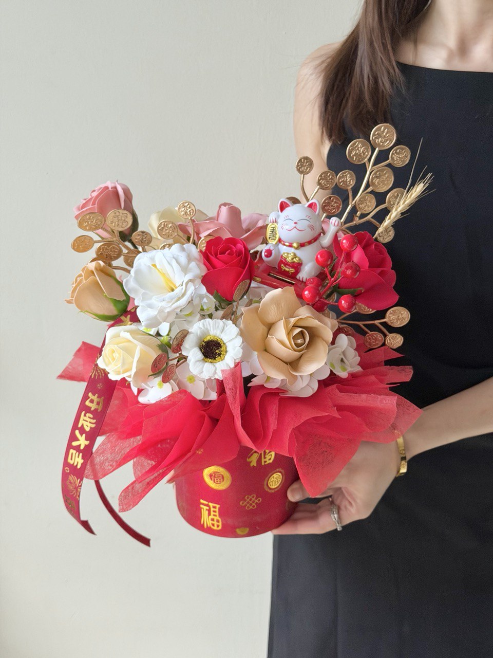 A box with soap flower roses and 1 solar lucky cat perfect for business opening gifting, same-day delivery at Kuala Lumpur and Selangor.