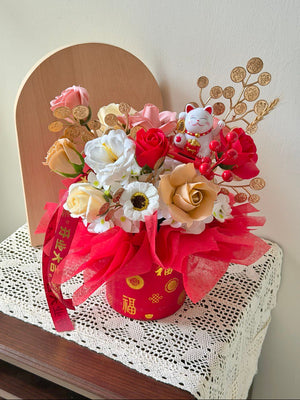 A box with soap flower roses and 1 solar lucky cat perfect for business opening gifting, same-day delivery at Kuala Lumpur and Selangor.
