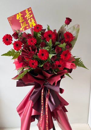 Grand business flower opening stand with red rose and red gerbera, perfect for new business opening gift near me at Kuala Lumpur.
