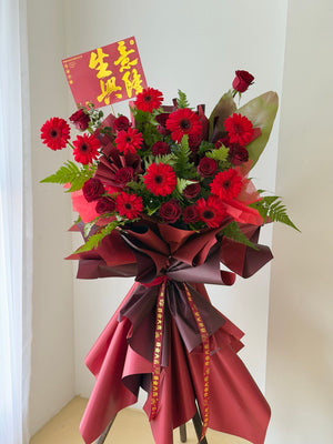 Flower opening stand with red rose and red gerbera, perfect for new business opening at Malaysia.