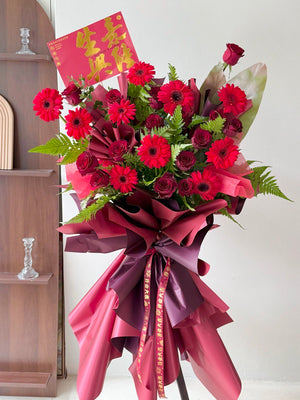 Grand business flower opening stand with red rose and red gerbera, perfect for new business opening gift near me at Kuala Lumpur.
