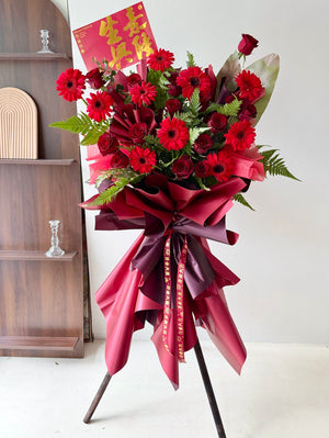 Grand business flower opening stand with red rose and red gerbera, perfect for new business opening gift near me at Kuala Lumpur.