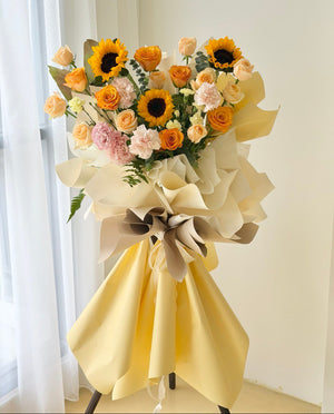 Congratulatory grand opening flower stand with sunflower roses carnation – KL & Selangor same day delivery.