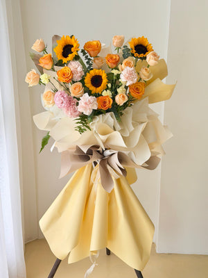 Grand opening flower stand with sunflower and champagne roses for business opening – same day delivery Kuala Lumpur Selangor.