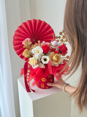Fortune lucky cat floral arrangement with soap flowers in red box for business grand opening gift in Kuala Lumpur.