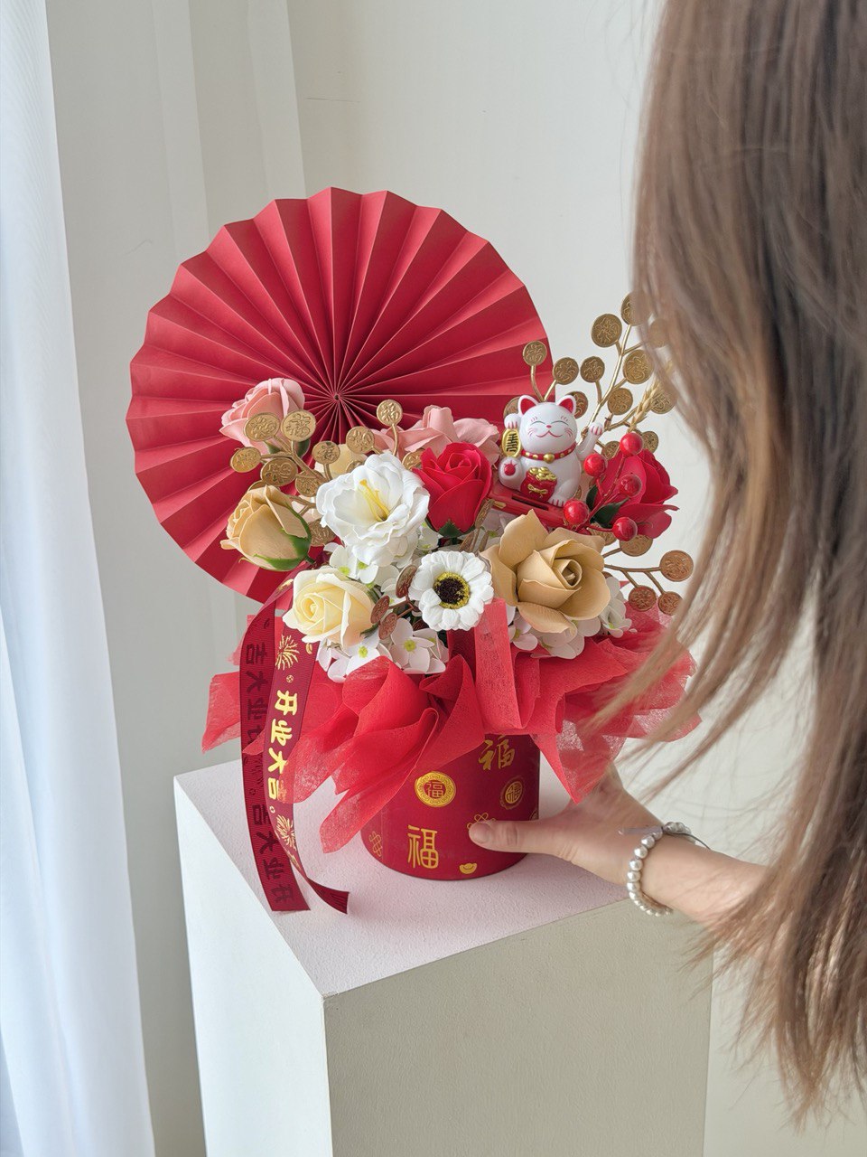 Fortune lucky cat floral arrangement with soap flowers in red box for business grand opening gift in Kuala Lumpur.