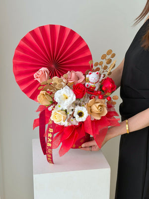 Lucky cat soap flower arrangement in red prosperity box with gold coins – grand opening gift with same day delivery in Kuala Lumpur by Hug and Heart Florist.