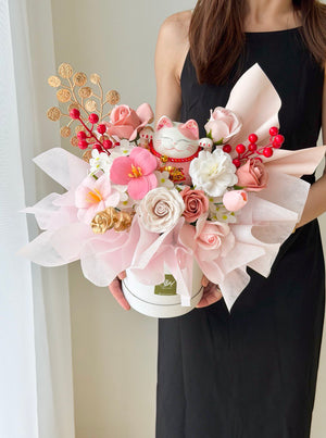 Prosperity lucky cat soap flower arrangement in white box, pink grand opening flower gift with gold coins for new shop opening in Kuala Lumpur.
