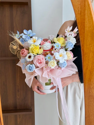 Beautiful soap flower basket with lucky cat figurine, handcrafted pastel roses and orchids, perfect grand opening flower gift, business launch celebration and same day delivery KL Selangor.