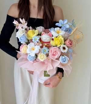 Elegant grand opening soap flower basket with lucky cat, premium soap roses, orchids and pastel floral arrangement for new business congratulations, same day flower delivery Malaysia.