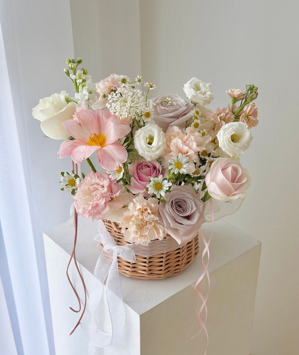 Soft pastel flower basket with tulip, roses, chamomile and green fillers, perfect housewarming and get well soon gift, same day flower delivery Kuala Lumpur Selangor.
