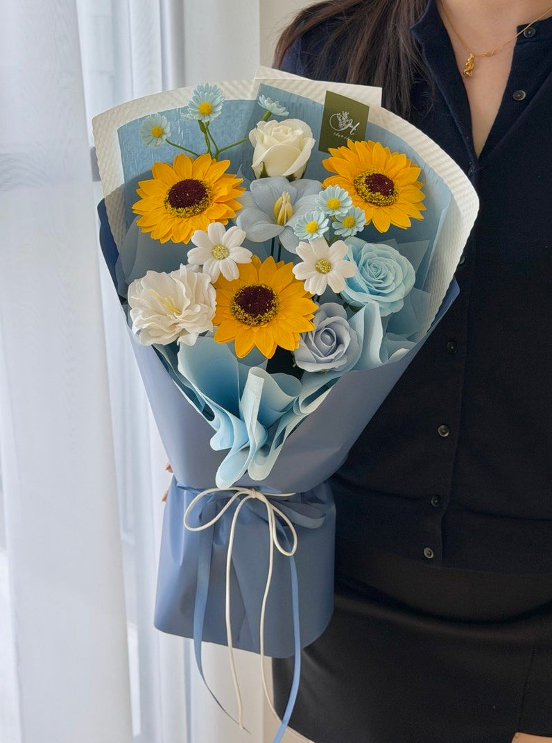 Yellow sunflower bouquet with blue roses, white daisy from Hug & Heart Florist Subang Jaya.