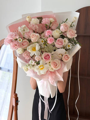 Luxury pink and white flower bouquet with roses, orchids and carnations for birthdays and anniversaries | Same Day Flower Delivery KL & Selangor.