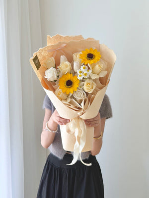 Premium soap flower bouquet with sunflower and white roses, suitable for Sunway graduation gift, same day flower delivery Sunway area.