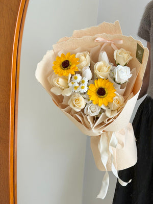 Graduation soap flower bouquet featuring sunflower and white roses, ideal for Sunway University convocation gift, same day delivery Sunway.