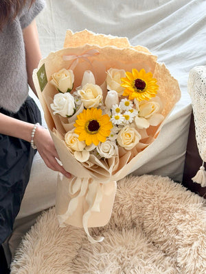 Soap flower graduation bouquet with sunflower and white roses, perfect for Sunway University graduation, same day flower delivery Sunway.