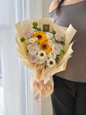 Beautiful soap flower graduation bouquet in cream and pastel tones for convocation celebrations with delivery to Sunway and Bukit Jalil.