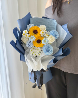 Soap flower graduation bouquet with sunflowers and blue roses for university convocation in Sunway and Bukit Jalil.