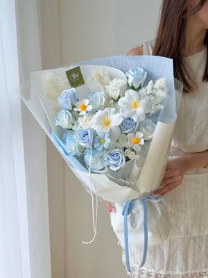 Premium soap flower arrangement with blue roses and white tulips, soft pastel bouquet for same day delivery Kuala Lumpur.