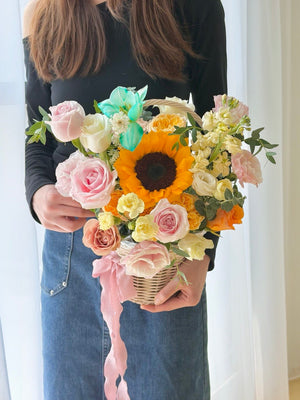Sunflower get well soon flower basket with pink roses and white blooms for speedy recovery gift delivery in Kuala Lumpur and Selangor.