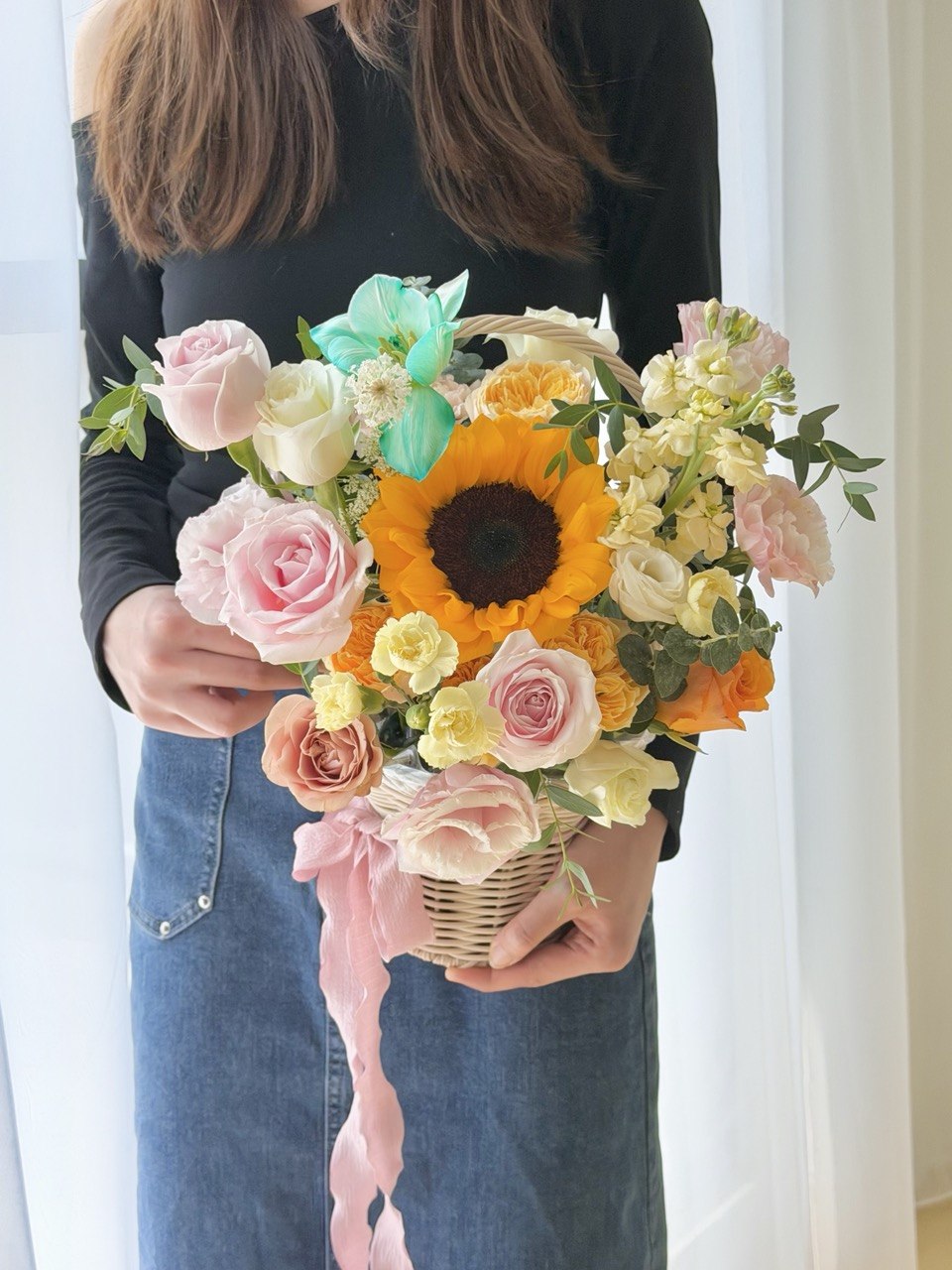 Sunflower get well soon flower basket with pink roses and white blooms for speedy recovery gift delivery in Kuala Lumpur and Selangor.