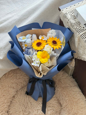Premium graduation soap flower bouquet with sunflower and mixed fillers same day delivery Subang Jaya.