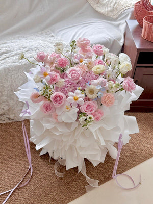 Pink Hydrangea Ballet bouquet with pink roses and pastel flowers for birthday gifts from Subang Jaya florist.
