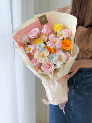 Elegant colourful soap flower bouquet with roses and tulip design, perfect for anniversary and get well soon flower in KL same day delivery.