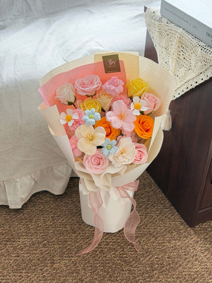 Pastel colourful soap flower bouquet with roses and fillers, perfect for birthday and graduation flower delivery in Kuala Lumpur.