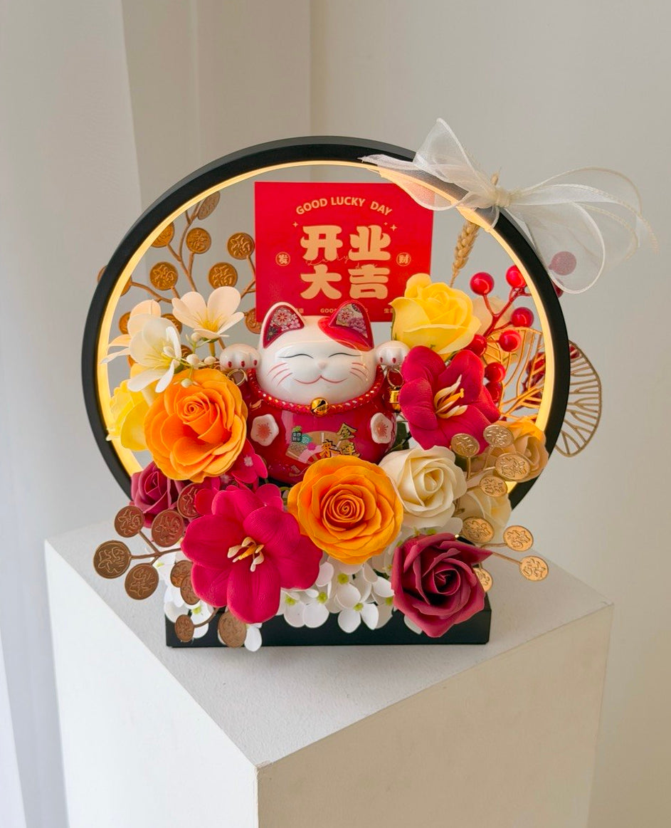 Grand opening lucky cat decoration with roses and coins, prosperity gift with LED light same day delivery KL.