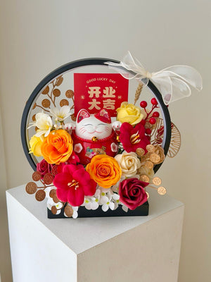 Business opening lucky cat flower arrangement with LED light, perfect grand opening gift with same day delivery Kuala Lumpur.
